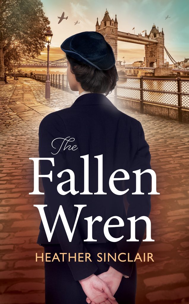 The Fallen Wren by Heather Sinclair historical fiction book cover, featuring a dark-haired girl in a military uniform looking wistfully out over London